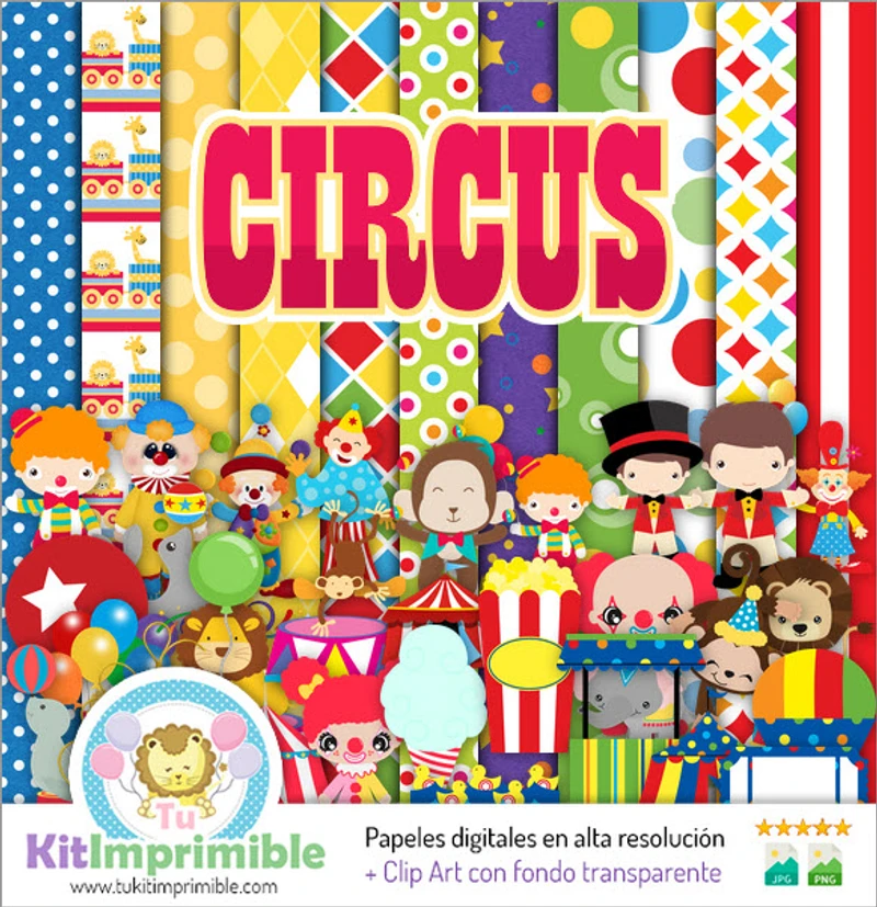Kit complet de scrapbooking numérique sur le thème des clowns de cirque - M4