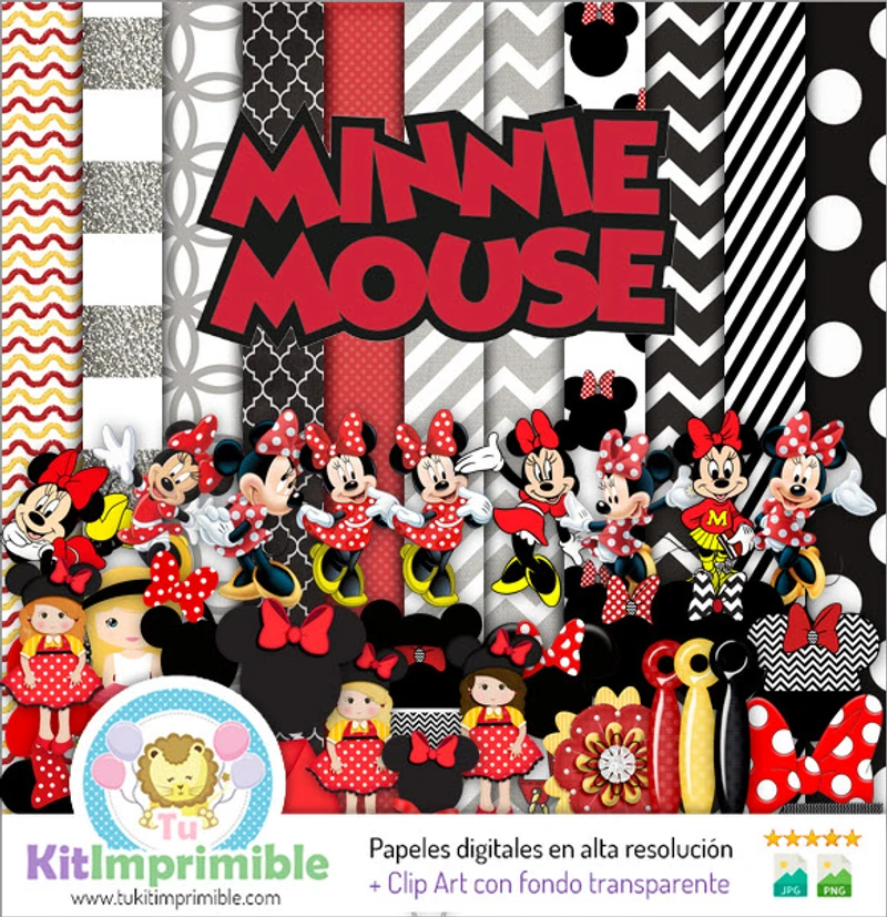 Kit de fond décoratif numérique rouge Minnie Mouse - M2