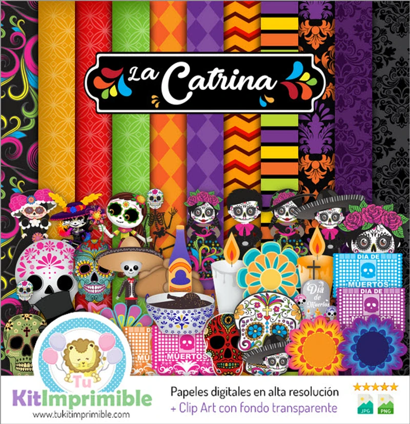Kit de fundo decorativo digital Catrina para o Dia dos Mortos - M2
