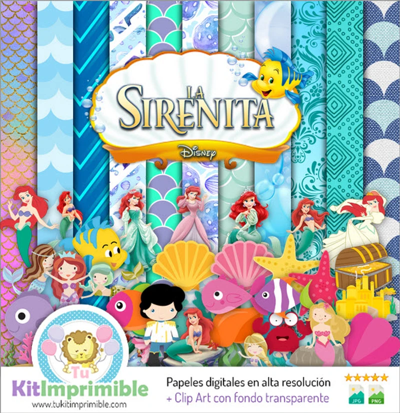 Kit de fundo decorativo digital da Pequena Sereia Ariel - M2