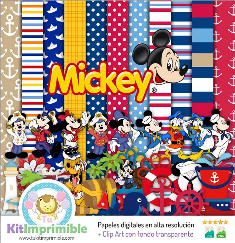 Kit de fundo decorativo digital Mickey Mouse Marinheiro - M2