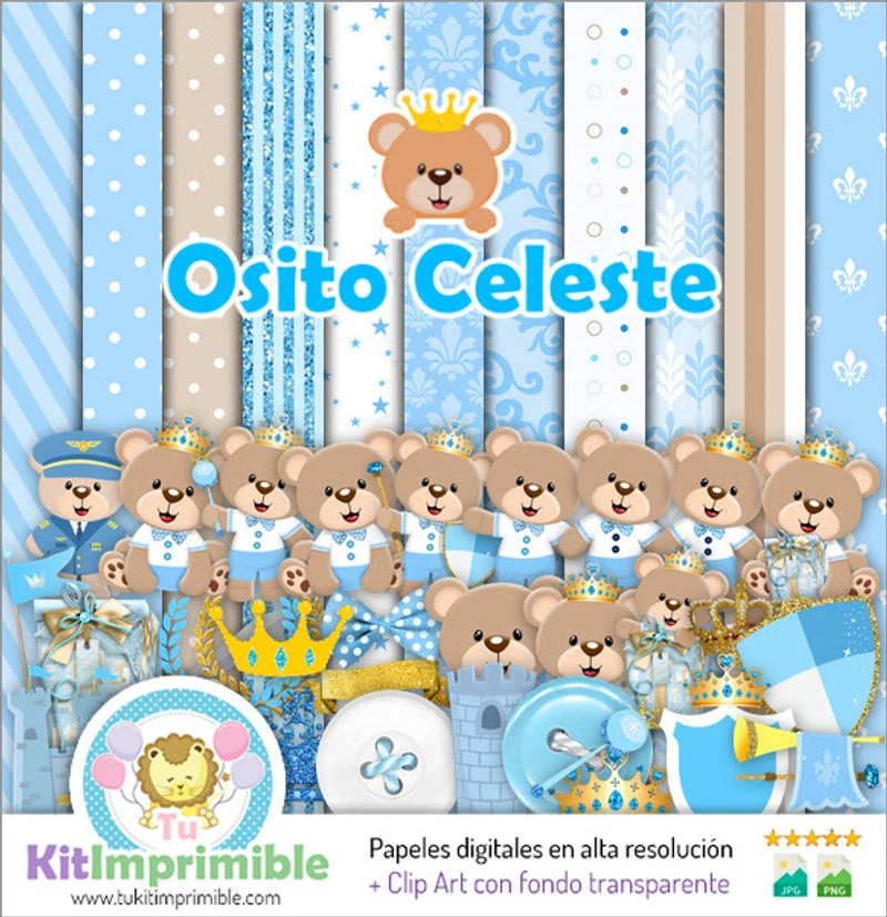 Kit de fundo decorativo digital Ursinho de pelúcia Príncipe Azul Claro - M2
