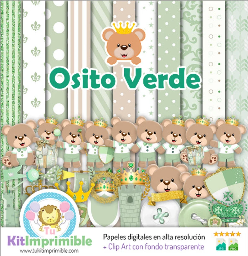 Kit de fundo decorativo digital Urso de Pelúcia Príncipe Verde - M2