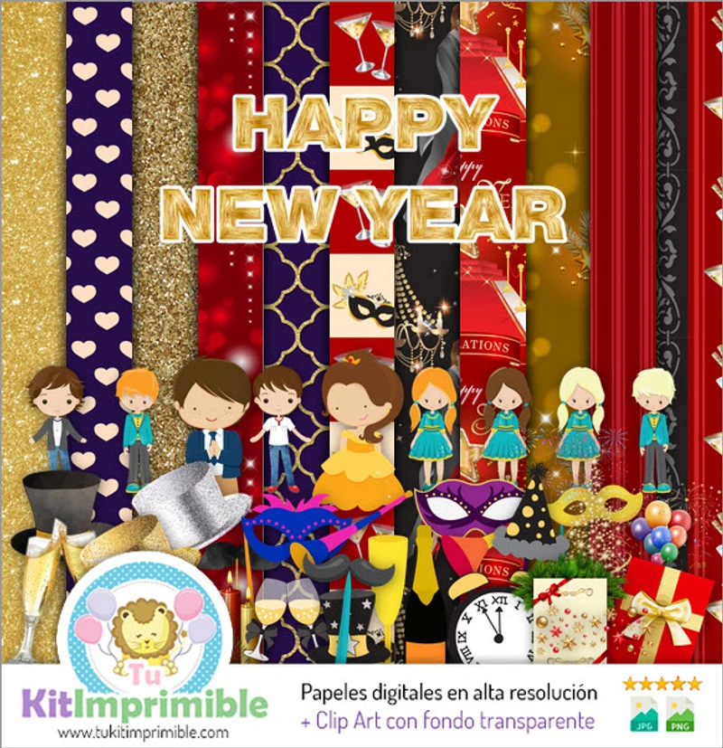 Kit de Fundos Decorativos Digitais Feliz Ano Novo - M2