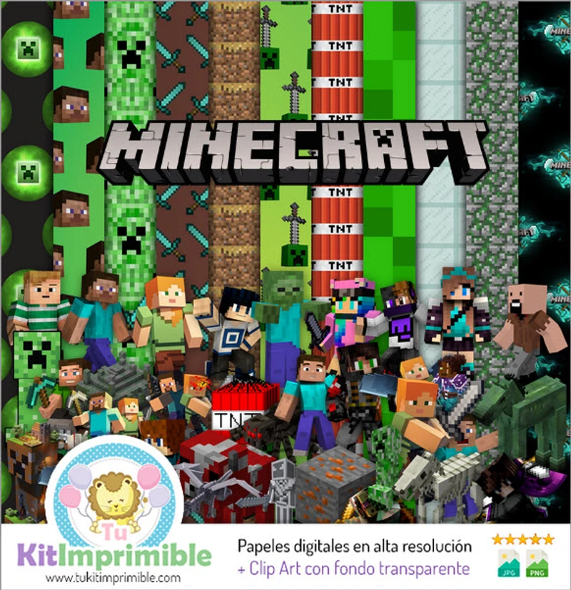 Kit de Fundos Decorativos Digitais para Festa Minecraft - M2