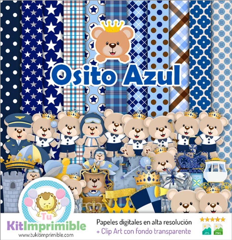 Kit de Fundos Decorativos Digitais Ursinho de Pelúcia Príncipe Azul - M2