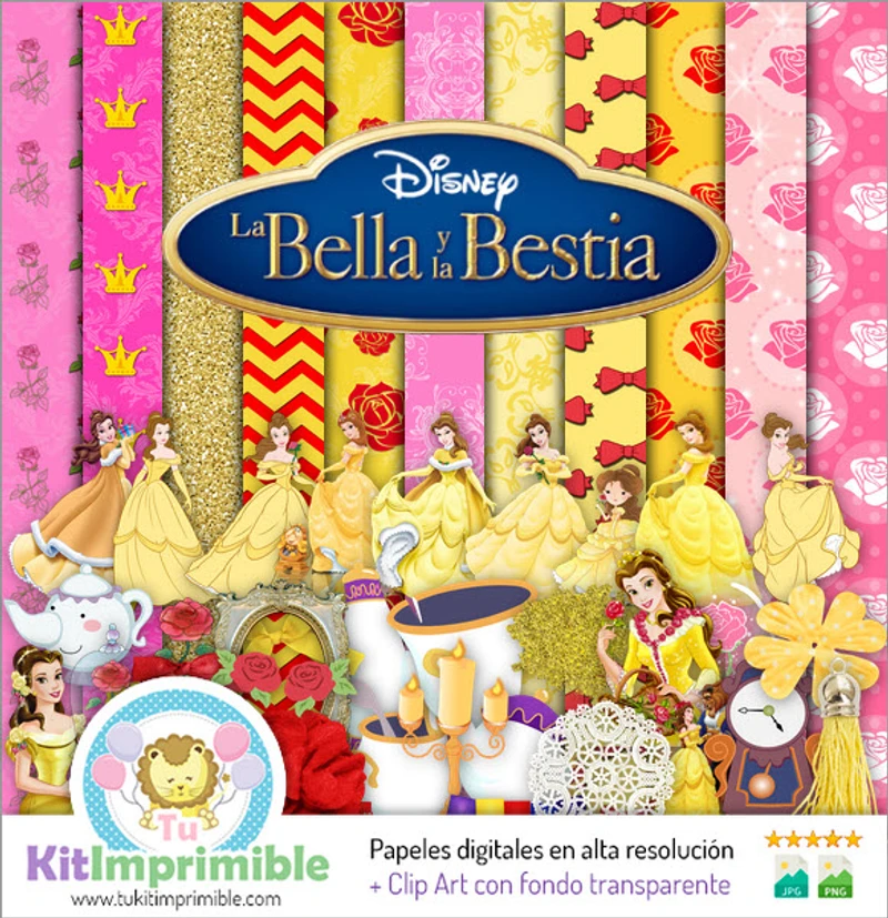 Kit di sfondi decorativi digitali La Bella e la Bestia - M2