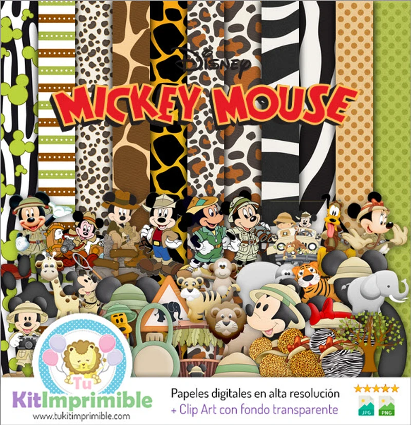 Kit di sfondo decorativo digitale Mickey Mouse Safari - M2
