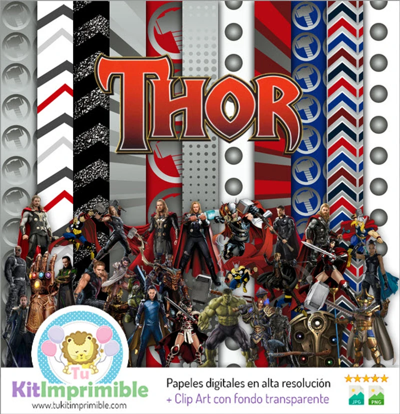 Patrones | Kit di sfondo digitale per feste a tema supereroe Thor - M2