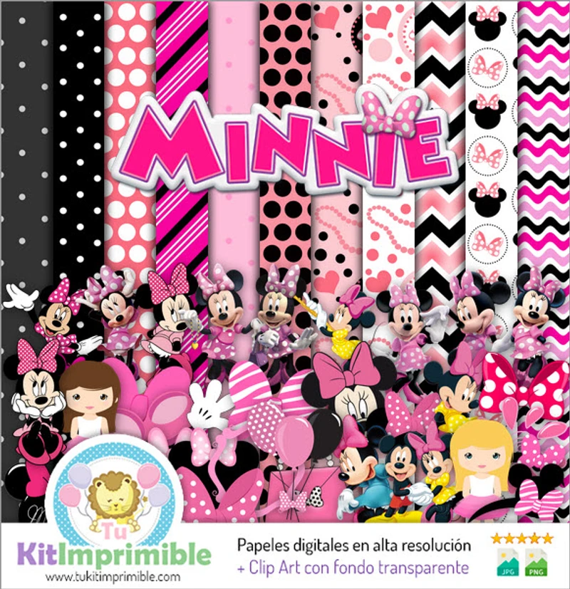 Kit sfondo decorativo digitale rosa Minnie Mouse - M2