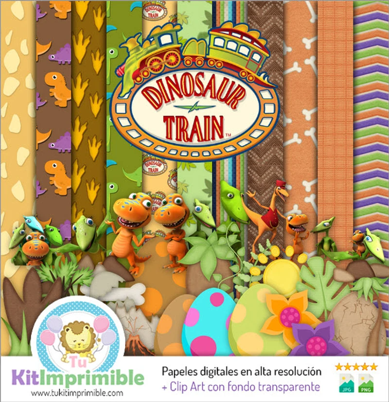 Modelli di scrapbooking con texture di treni di dinosauri digitali - M3