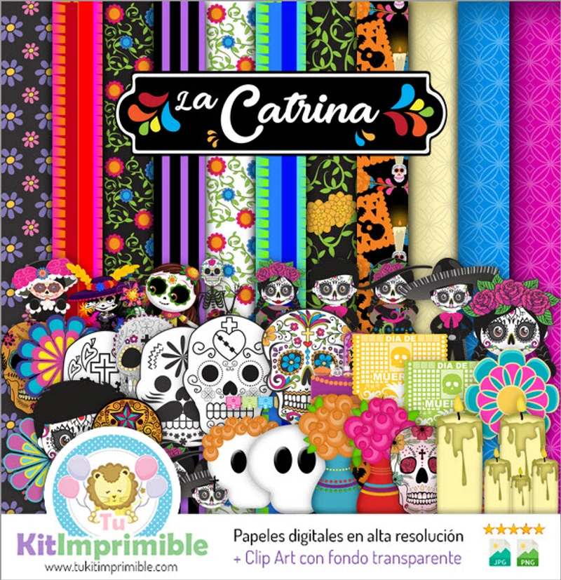 Papéis Digitais Catrina Dia dos Mortos Decoração Mexicana - M1