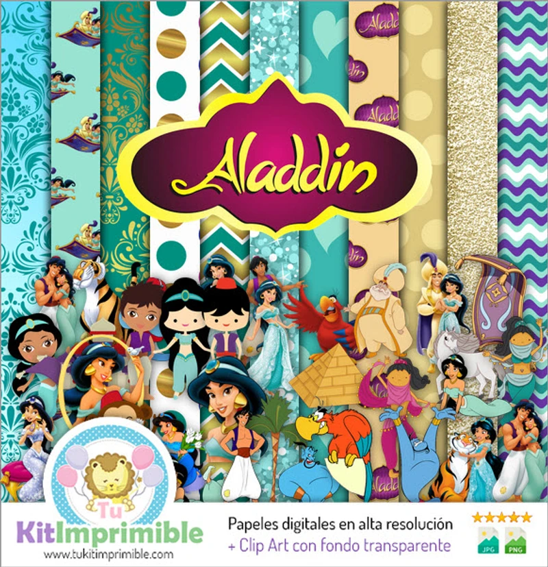 Papéis digitais de Aladdin e Jasmine para festas infantis - M1