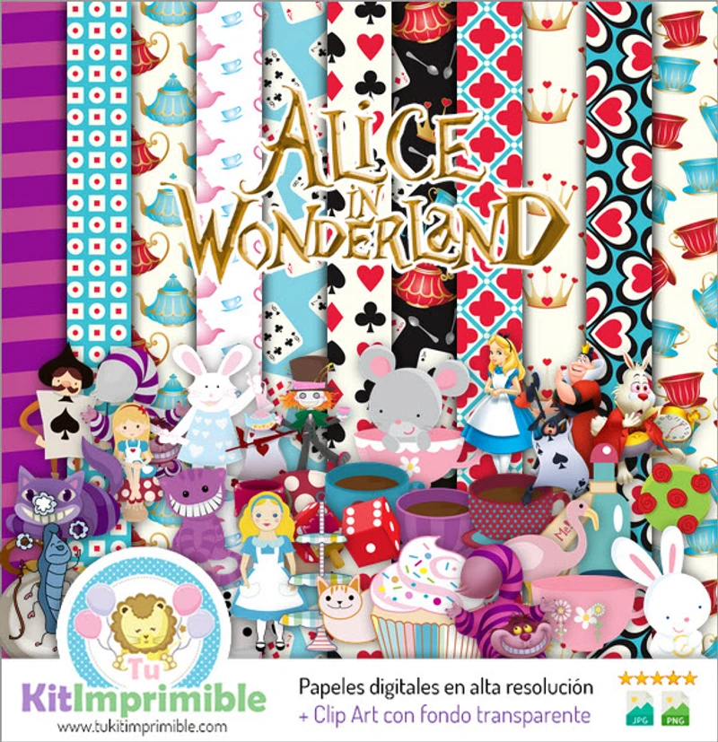 Papéis digitais imprimíveis de Alice no País das Maravilhas para festas - M1
