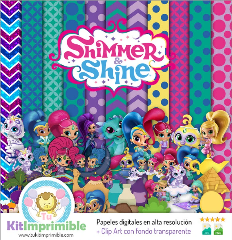 Papéis digitais Shimmer and Shine para festas de gênio - M1