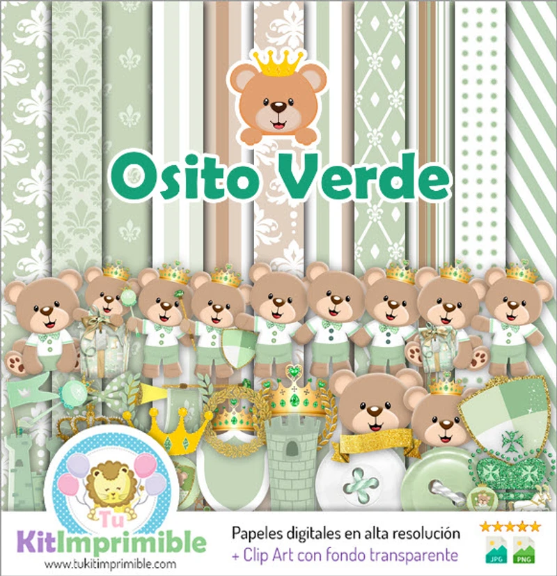 Papel de Parede Digital Pequeno Urso Príncipe Verde Decoração - M1