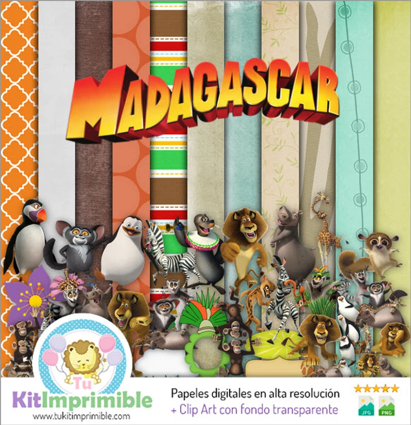 Papeles Digitales Madagascar Fiestas Animales - M1