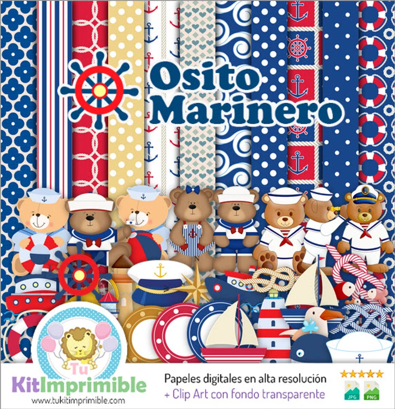 Papeles Digitales Osito Marinero Decoración Náutica - M1