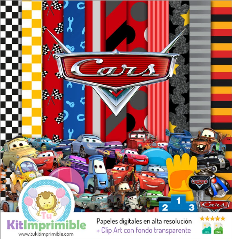 Papiers numériques Cars McQueen pour les fêtes d'enfants et les courses - M1