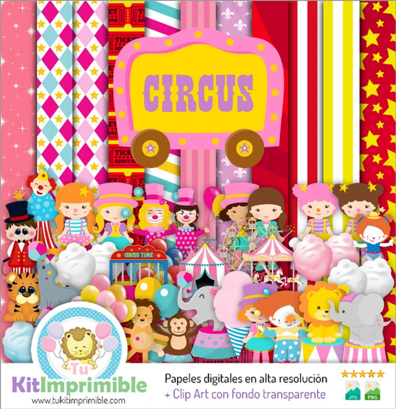Papiers numériques Circus Girl, fêtes d'enfants colorées - M1
